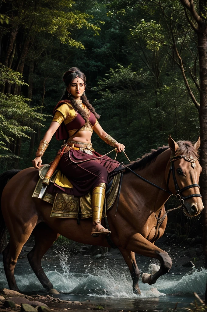 Rani Lakshmibai riding Badal swiftly through a forest or rugged terrain under the cover of darkness.