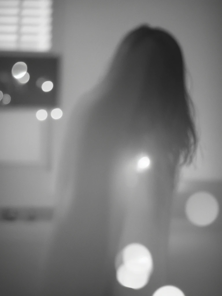 Leica Sumilux f1.4 50mm , old monochrome film , bokeh, flare, soft focus, Nordic girl , (ugly:0.9) , looking away , in the room , (naked:0.8)