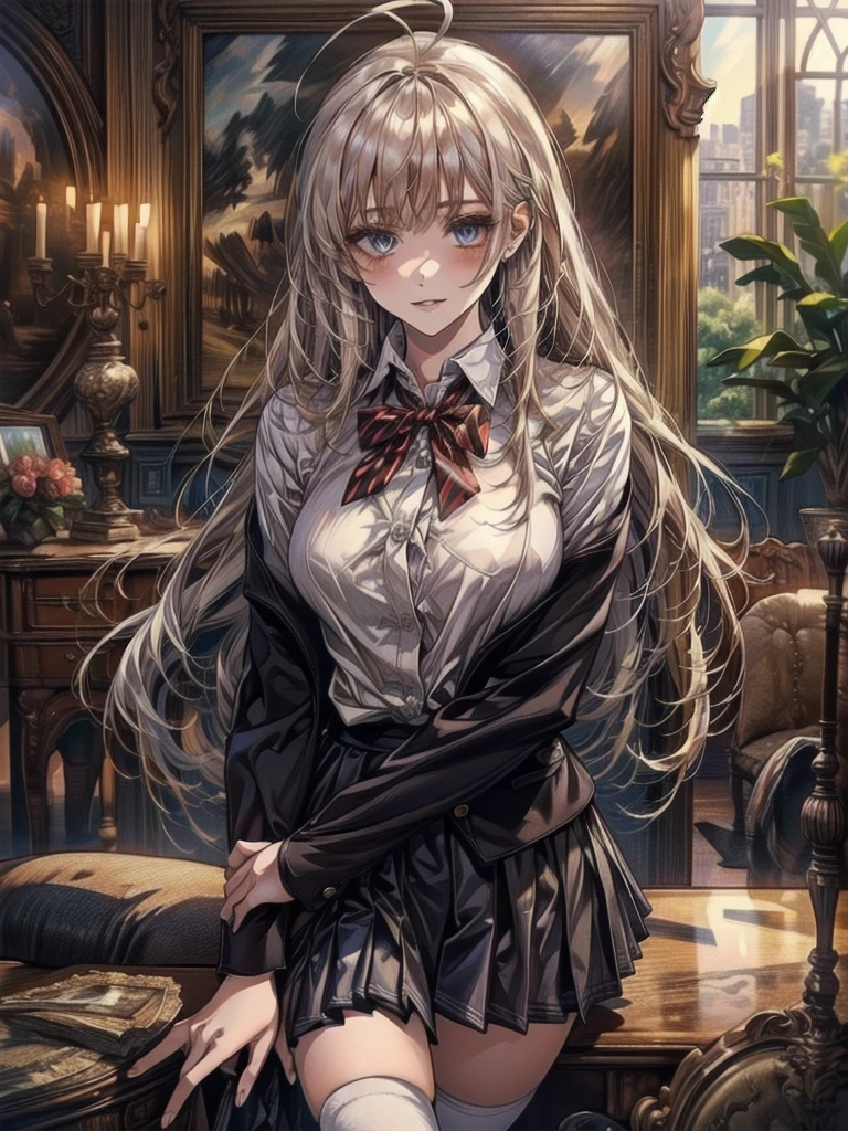 (masterpiece:1.3, Highest quality, Ultra-high resolution, Super detailed), (Realistic, photoRealistic:1.4), Beautiful illustrations, Perfect lighting, Natural light, Depth of written boundary, , Beautiful detailed hair, Beautifully detailed face, Beautiful attention to detail, Beautiful clavicle, Beautiful body, Beautiful breasts, Beautiful thighs, Beautiful feet, Beautiful Hands, View your viewers, (Face Focus), 1 Girl, high school girl, Alisa Kujou, (Perfect Anatomy, Anatomically correct), Cute and symmetrical face, Baby Face, Perfect Face, Perfect Eyes, Shiny skin, (Long Hair, Straight hair, Sideburns, Silver Hair), Crossed bangs, Ahoge, blue eyes, Slanted Eyes, Long eyelashes, (Medium chest, Captivating thighs), thin, Excellent style, (school uniform, Long sleeve light brown blazer, Grey vest, Grey pleated skirt with white lines, White collared shirt, White thigh-high socks with gold lines), Red bow tie, (Beautiful views), evening, (School classroom:1.2), (Cute smile, Part your lips),