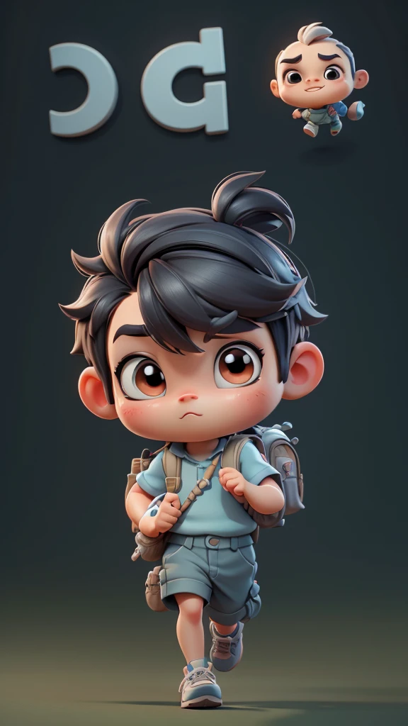  fofa s、Estilo Chibi、copos grandes、ver corpo inteiro、Front to front and the focus is looking at the camera lens、1 head body、Solid pattern on the same background,a close up of a cartoon character running with a backpack, cute cartoon character, animation character, walking boy, cute 3 d render, small character. unreal engine 5, adorable digital painting, concept art of single boy, cute character, 3 d cartoon, scout boy, 3d character, 3 d character, cute boy, pixar cute character design, 3 d character art