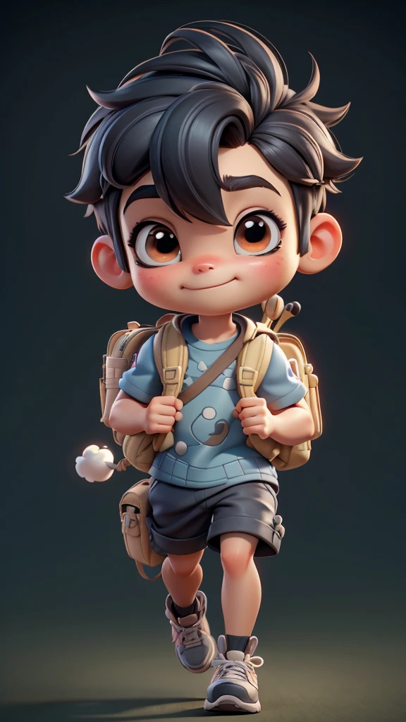 fofa s、Estilo Chibi、copos grandes、ver corpo inteiro、Front to front and the focus is looking at the camera lens、1 head body、Solid pattern on the same background,a close up of a cartoon character running with a backpack, cute cartoon character, animation character, walking boy, cute 3 d render, small character. unreal engine 5, adorable digital painting, concept art of single boy, cute character, 3 d cartoon, scout boy, 3d character, 3 d character, cute boy, pixar cute character design, 3 d character art