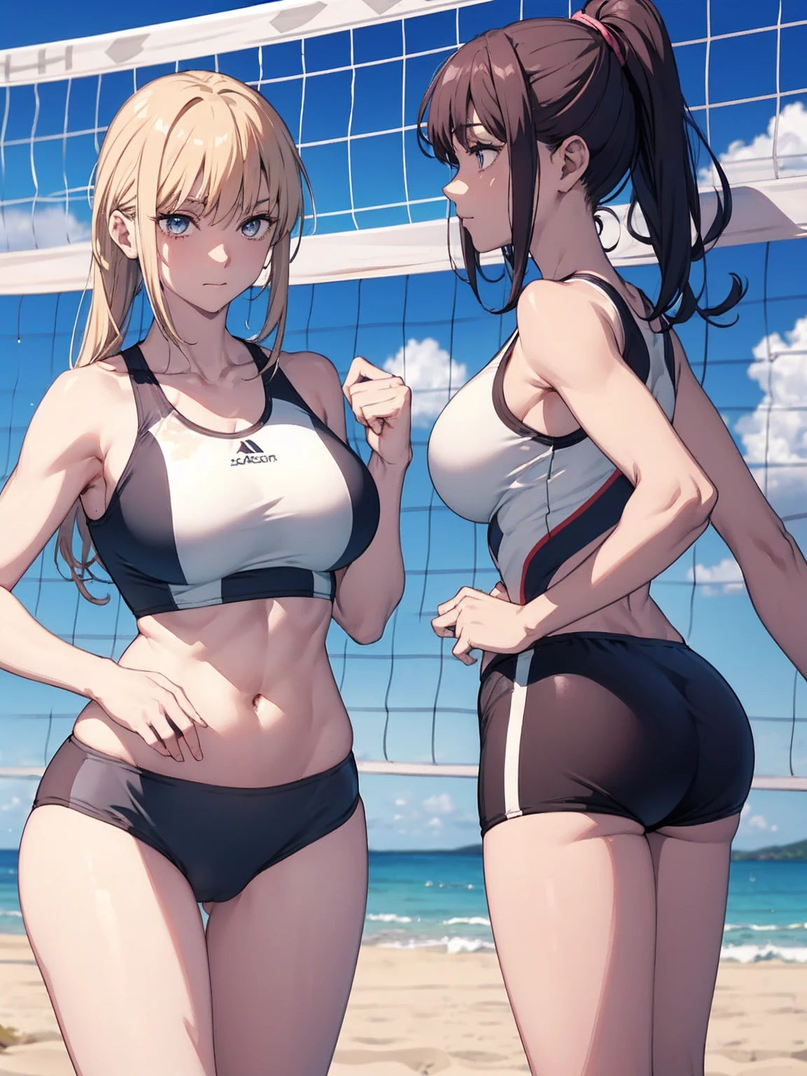 (Sweat, White skin:1.5、Light gray sports bra, ), cameltoe, Fitness, , ((Beach volleyball swimsuit)),Big Breasts, Sturdy body、((Big Eyes in Anime))