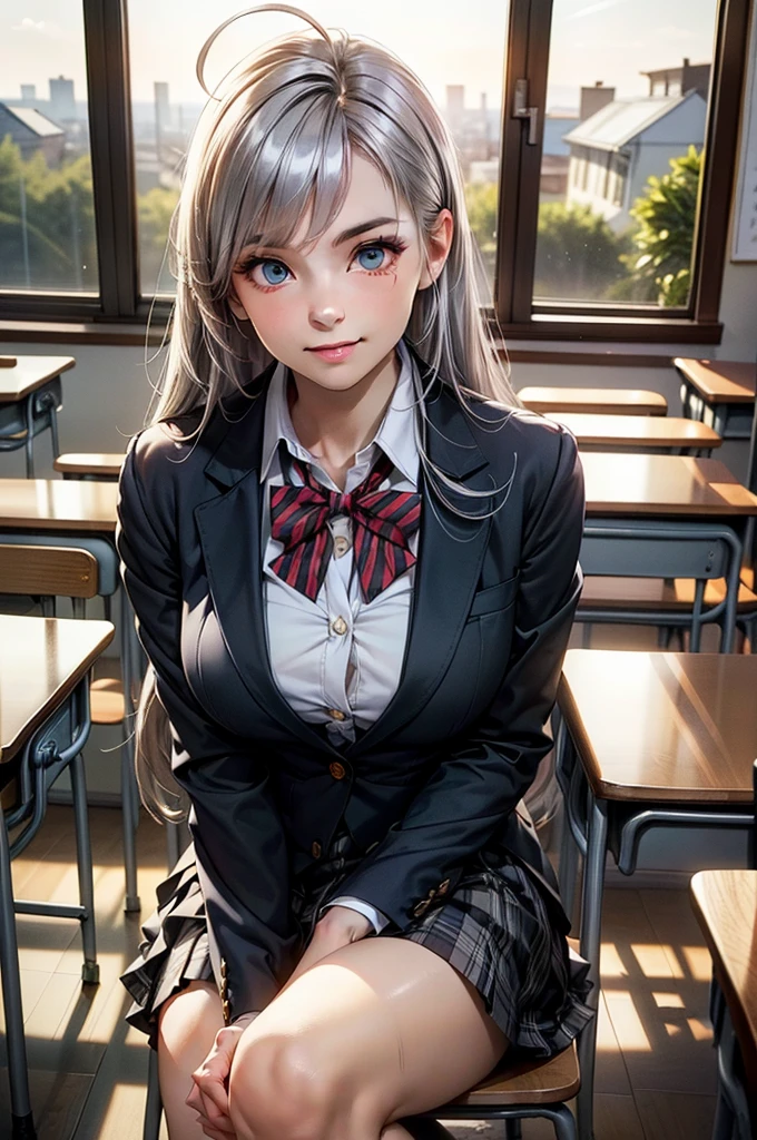 (masterpiece:1.3, Highest quality, Ultra-high resolution, Super detailed), (Realistic, photoRealistic:1.4), Beautiful illustrations, Perfect lighting, Natural light, Depth of written boundary, , Beautiful detailed hair, Beautifully detailed face, Beautiful attention to detail, Beautiful clavicle, Beautiful body, Beautiful breasts, Beautiful thighs, Beautiful feet, Beautiful Hands, View your viewers, (Face Focus), 1 Girl, high school girl, Alisa Kujou, (Perfect Anatomy, Anatomically correct), Cute and symmetrical face, , Perfect Face, Perfect Eyes, Shiny skin, (Long Hair, Straight hair, Sideburns, Silver Hair), Crossed bangs, Ahoge, blue eyes, Slanted Eyes, Long eyelashes, (Medium chest, Captivating thighs), thin, Excellent style, (school uniform, Long sleeve light brown blazer, Grey vest, Grey pleated skirt with white lines, White collared shirt, White thigh-high socks with gold lines), Red bow tie, (Beautiful views), evening, (School classroom:1.2), (Cute smile, Part your lips),