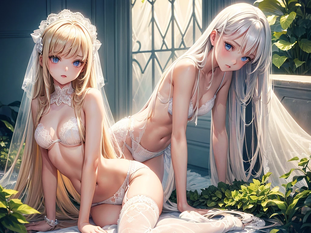 (depcit young girl), (((white lace panties and elegant white lingerie))), ((white panty transparent complex details)), blond hair, long hair, straight hair, blue eyes, thin , small breasts, ((topless)), nice hips, open shoulders, (((sassy))), (Masterpiece, Excellent, complex details), delicate girl, delicate face, back arched, kneeling, pretty, well-maintained and sunny garden