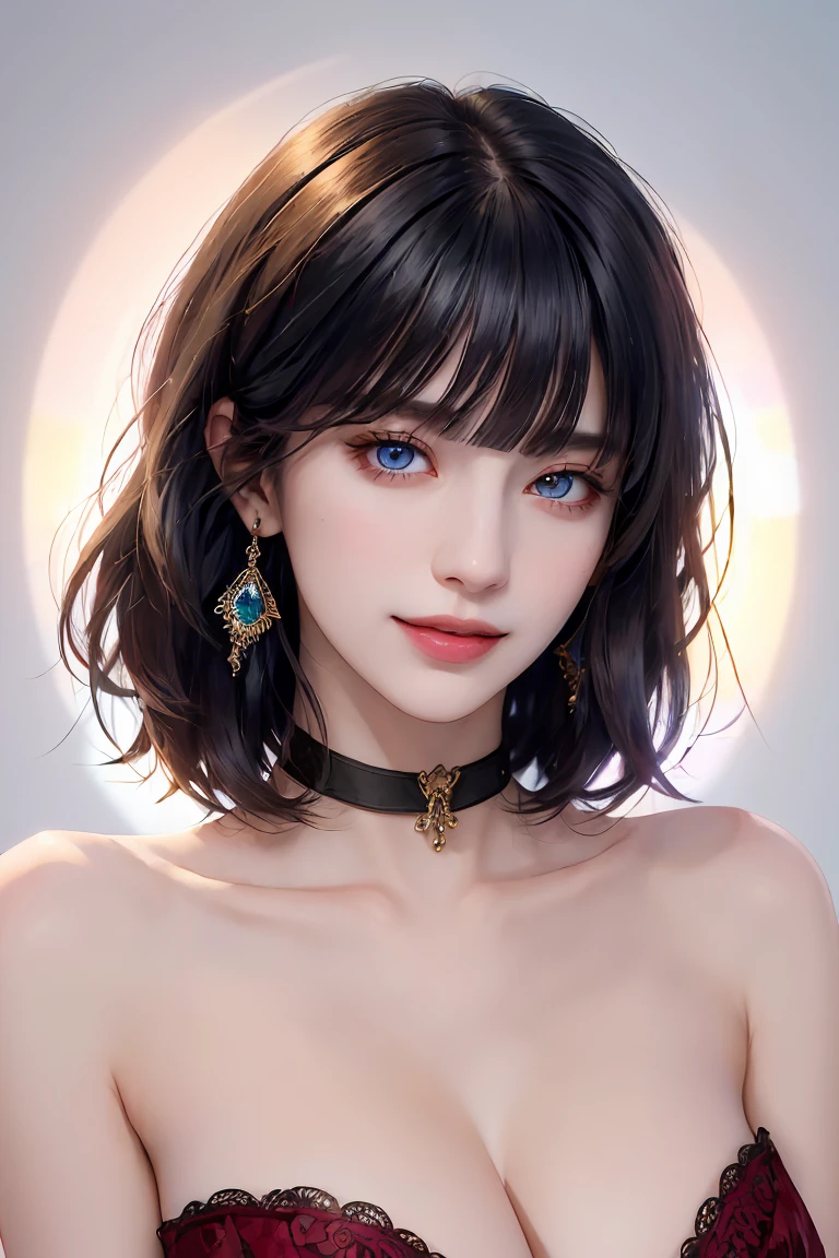 (masterpiece, best quality, (1girl:1.5), solo, intricate details, chromatic aberration), (realistic), (skin), ((breath)), (wavy black hair, bob cut, blunt bangs), detailed hair, red head ornament, blue highlights, hair over one eye, small earrings, sharp eyes, purple eyes, choker, pink dress, (symmetry eyes), (perfect symmetrical body), night, (((natural light))), backlighting, against grey wall, dim lighting ,look at viewer, ((centered shot, from front,(face and waist))), (large breasts: 1.2), big hips, cleavage, smiling