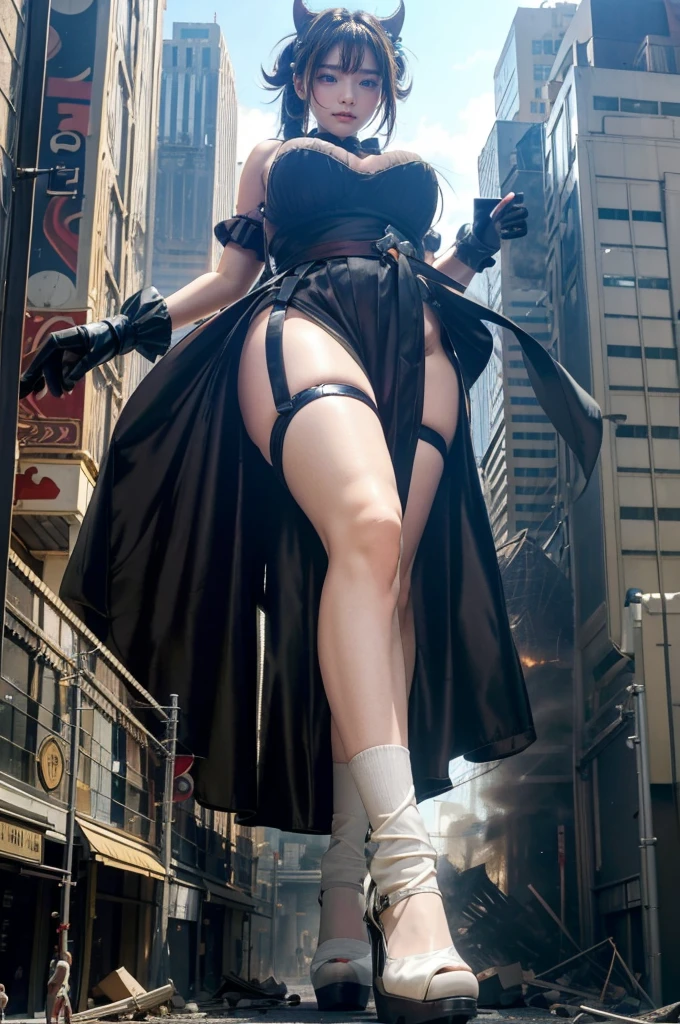 looking at the camera、The building collapses、Urban hustle and bustle、Traffic jam、City of Rubble、street tree、((((Azur Lane Cheshire Cosplay))))、Frilled maid outfit、(Super huge breasts)、(Plump thighs)、Ground View,City of Giants,500 foot tall giant girl,skyscraper,Has super long legs,Step into the crowd,There are many people on the street,Knee-high socks,She has waist-length black hair,Wear Mary Jane heels,A happy look,Standing on the ruins,Beautiful appearance,Exquisite makeup,quality,8K,高quality,Perfect Proportions, Cinema Lighting,Film Grain,The Colors of Fuji,8K,Textured skin,Super Detail,High detail,high quality,High resolution,explode,False Smile,Show your pants