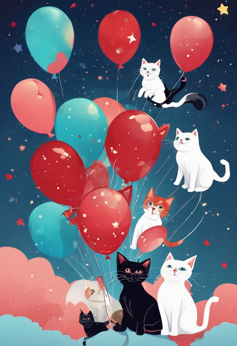 (A bunch of cats with balloons falling from the sky:1.4), Chaotic illustration、Surrealism、sea-blue 、Red and blue gradient, Pastel sky、Starry Sky、Black cat、Three-haired cat、White cat、 Slope background, Slope Sky, moon, 春のRed background, Colorful sky, Starry Sky、 Twilight, Red background, crimson sky, malachite'theme, Pop Surrealism , Highest quality、Texture of drawing paper、Pop Surrealism ポップアート 描画、Fractal Art