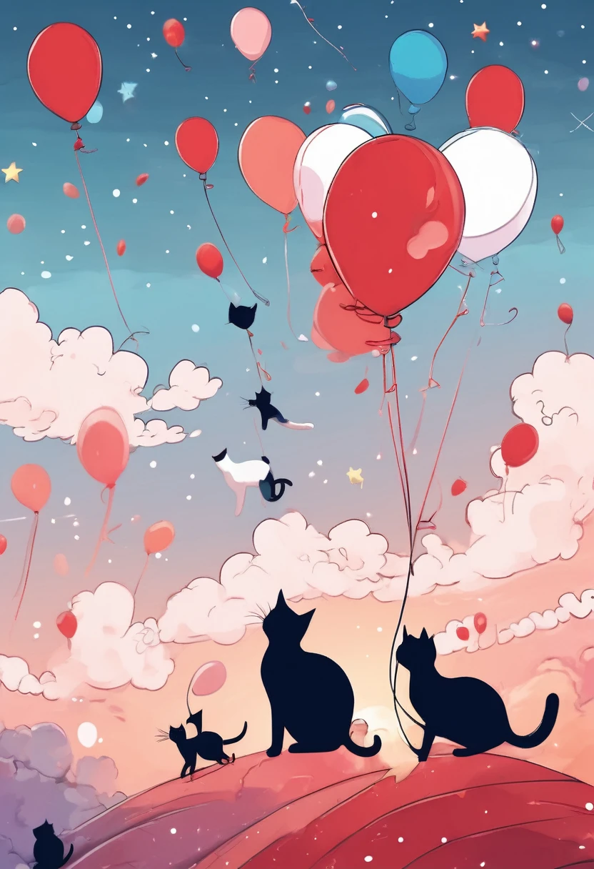 (A bunch of cats with balloons falling from the sky:1.4), Chaotic illustration、Surrealism、sea-blue 、Red and blue gradient, Pastel sky、Starry Sky、Black cat、Three-haired cat、White cat、 Slope background, Slope Sky, moon, 春のRed background, Colorful sky, Starry Sky、 Twilight, Red background, crimson sky, malachite'theme, Pop Surrealism , Highest quality、Texture of drawing paper、Pop Surrealism ポップアート 描画、Fractal Art