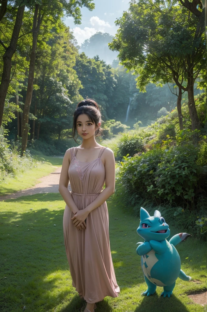 style image featuring Sheeta from 'Castle in the Sky,' standing next to Venusaur. The scene is drawn with an anime touch, emphasizing detailed shading. The background is a vibrant, enchanted forest with lush greenery and a bright blue sky filled with fluffy clouds. The setting is illuminated by warm, golden light, enhancing the magical and serene atmosphere. Sheeta and Venusaur appear deeply connected, with Venusaur protectively standing behind Sheeta. The overall composition captures the essence of a mythical adventure in a tranquil, magical world, characteristic of Studio Ghibli's iconic style. The image has a slightly faded and nostalgic look, reminiscent of classic Ghibli films, with soft and muted colors --s 750 --niji 6