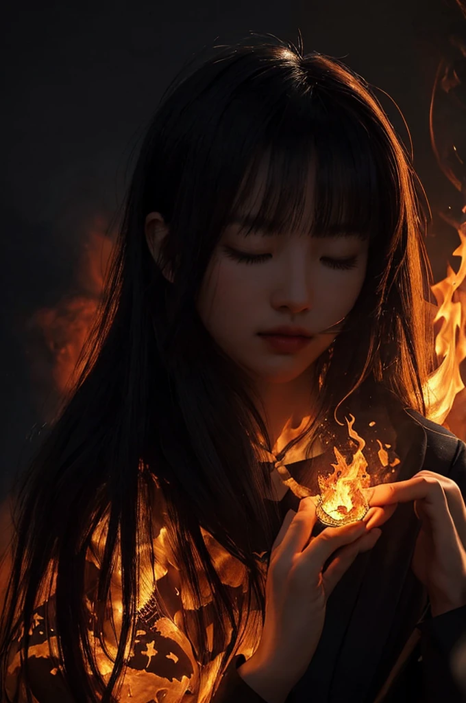 （lifelike， high resolution：1.3）， close up，Sense of story，Realism，Chinese aesthetics，Smart eyes，Masterpiece,best quality,Skeleton,golden crown,white smoke,close-up,black,mystery,Tyndall effect,looking at viewer,Half Body,dark fairy tale,lssn,smoke,fire element,composed of fire elements,Deep photo,depth of field,shadows,messy hair,seductive silhouette play,dark,nighttime,dark photo,grainy,dimly lit,shot on RED camera,harsh camera flash ((eyes closed)),blunt bangs,