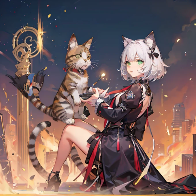 loli，cute，white hair，Green eyes，short hair，Cat-eared lady