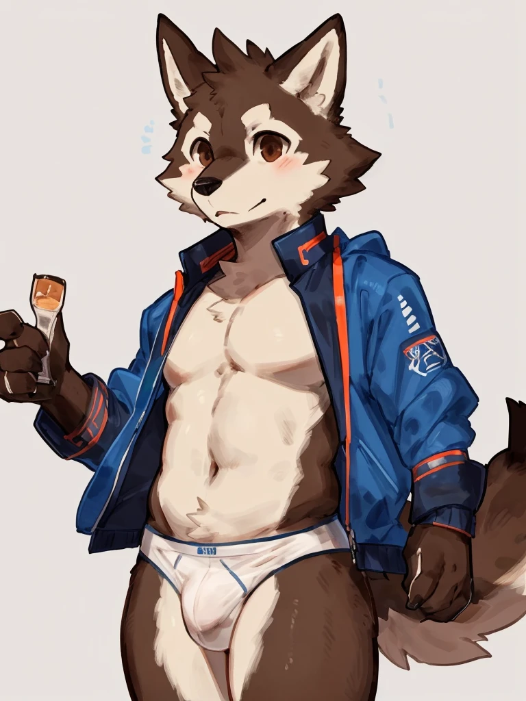 ((Best quality, masterpiece, detailed anatomy, detailed eyes, detailed hands, perfect lighting, perfect shading.)), by Buta99, by Zackary911, 1male, Wolf, brown furs, tight body, dark brown eyes, skinny chub body, young body, blue windbreaker, white underwear, at the white background