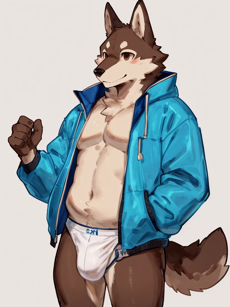 ((Best quality, masterpiece, detailed anatomy, detailed eyes, detailed hands, perfect lighting, perfect shading.)), by Buta99, by Zackary911, 1male, Wolf, brown furs, tight body, dark brown eyes, skinny chub body, young body, blue windbreaker, white underwear, at the white background 