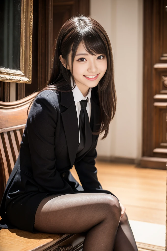 Pure young Japanese girl, wearing dark color classical suits and skirts, (panty), (pantyhose), vivid makeup, natural black hair styles, sitting in antique gothic style rooms, sweet smile, secret temptations, professional portrait photography, 