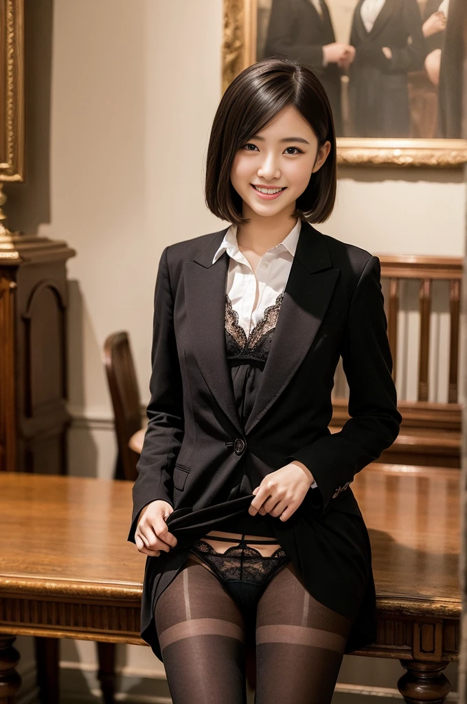 Pure young Japanese girl, wearing dark color classical suits and skirts, (panty), (pantyhose), vivid makeup, natural black hair styles, sitting in antique gothic style rooms, sweet smile, secret temptations, professional portrait photography,