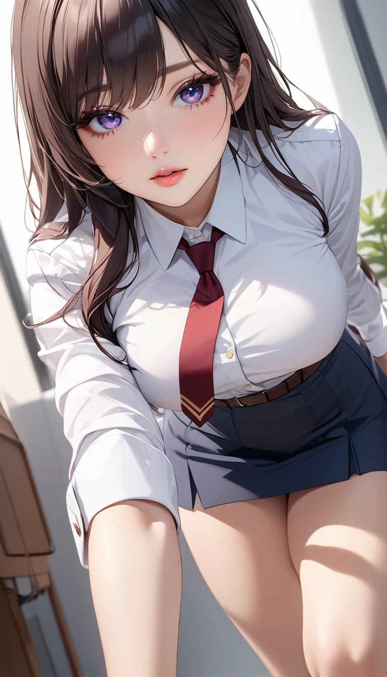 masterpiece, high resolution, beautiful woman, Korean Beauty, uniform, mini skirt, high school student, beautiful woman, looking at me, (high resolution face), (high resolution eyes), (high quality eyes), thighs, big tits