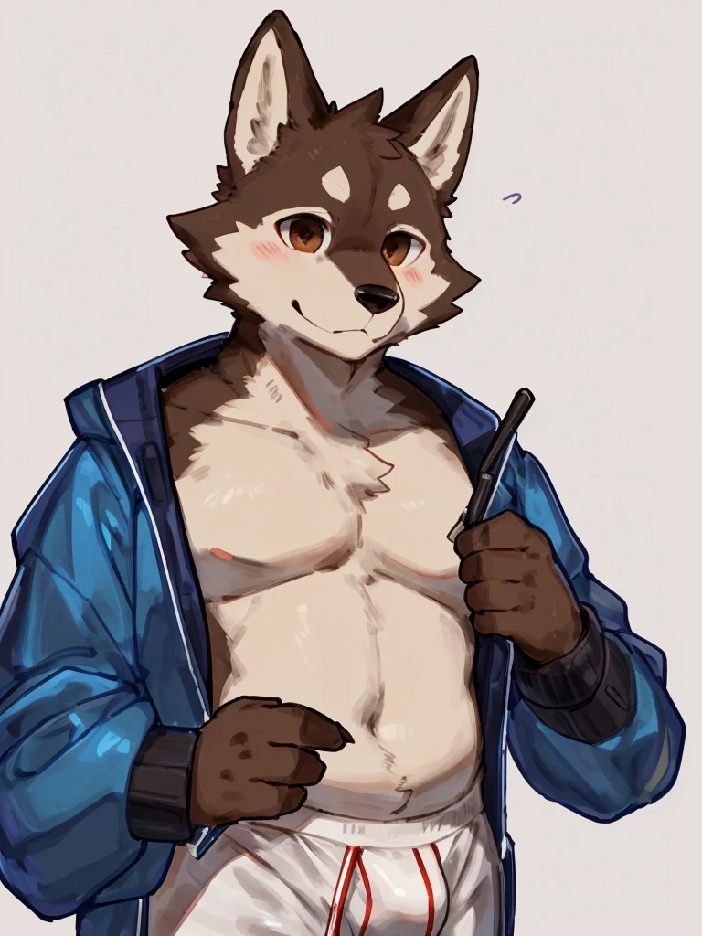 ((Best quality, masterpiece, detailed anatomy, detailed eyes, detailed hands, perfect lighting, perfect shading.)), by Buta99, by Zackary911, 1male, Wolf, brown furs, tight body, dark brown eyes, chub body, young body, blue windbreaker, white underwear, at the white background