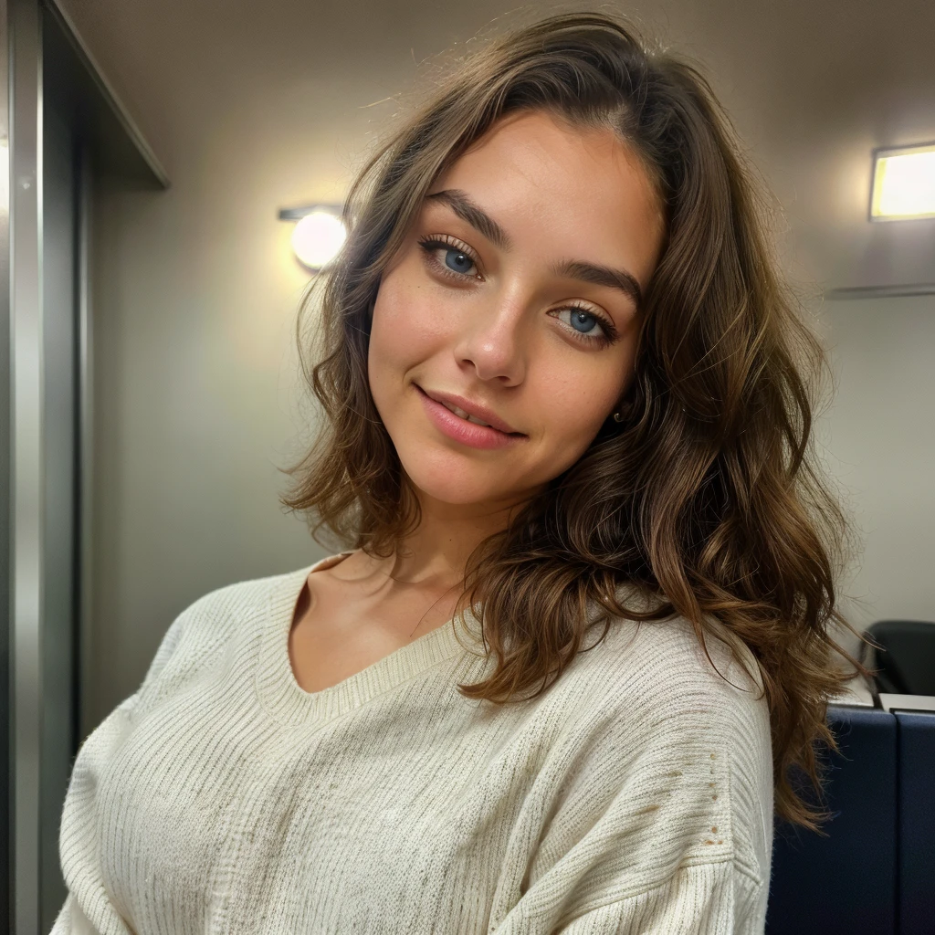 Beautiful brunette, who wears a white sweater (22 years old, innocent face, naturally wavy hair, blue eye), Standing in office ((Selfie on the upper body, a happy)), masterpiece, beste-Qualit, Ultra-detail, solo, En plein air, (the night), City, Natur, (the stars, Officer) cheerful, analog style (look at the viewer: 1.2) (Skin texture) (Film grains: 1.3), (warm hue, warmer Ton: 1.2), a close-up of a, cinematiclight, sidelighting, extra high resolution, better shadow, SPIRIT, upper body, pullover