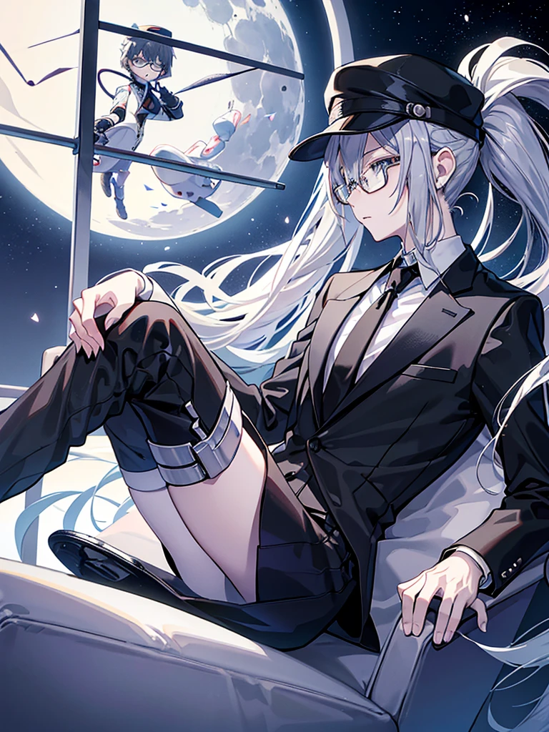 （Mastepiece）（High definition）Teenage male android、alone、Gray Hair、ponytail、hat、Tuxedo、tie、Wearing round rimless glasses、background（Moonlit Night）