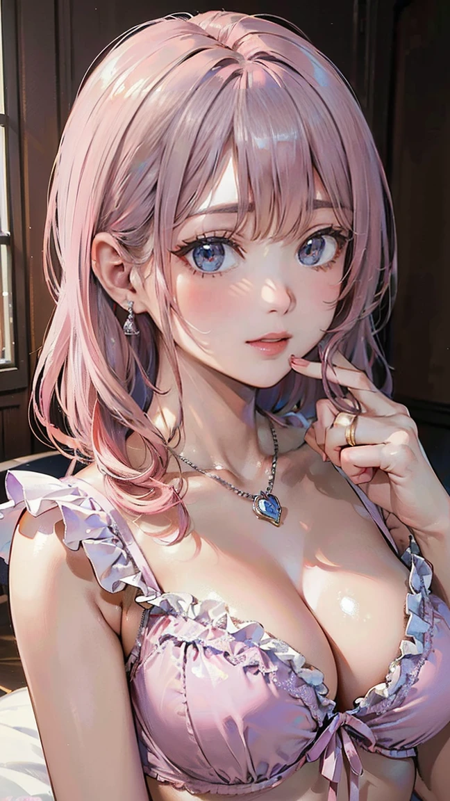 (masterpiece, Highest quality:1.3), (Super detailed:1.2), (hyperRealistic:1.3), (RAW Photos:1.2), High-definition RAW color photos, Professional photos, (PhotoRealistic:1.4), (Realistic:1.4), (Pink Hair:1.5), Professional Lighting, Perfect Anatomy, (Big Breasts:1.2), (blush, Detailed face), (Bright smile:1.5), Trending Hair&Trending Hairカラーをランダムに, Earrings, necklace, bracelet, Sexy, erotic Sexy, Random sexy gravure poses, (Beautiful woman in lavender frilly lingerie、Smiling cutely while holding a stuffed animal in a luxurious bedroom。She has a silver ring on her finger。: 1.3)