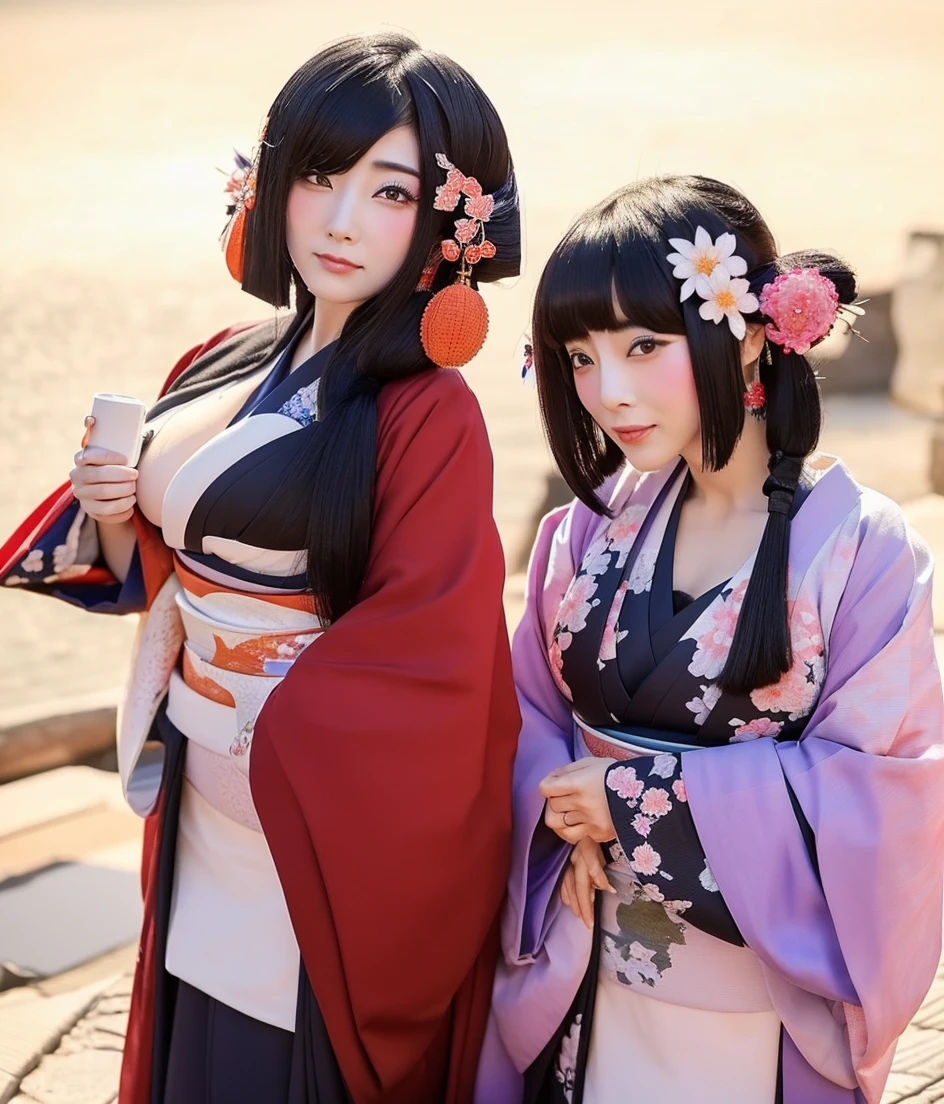 two woman standing next to each other(wearingJapanese kimono,Very large breasts, their hair become black hair geisha hair, their face become beautiful Japanese face, their job become geisha:1.2)