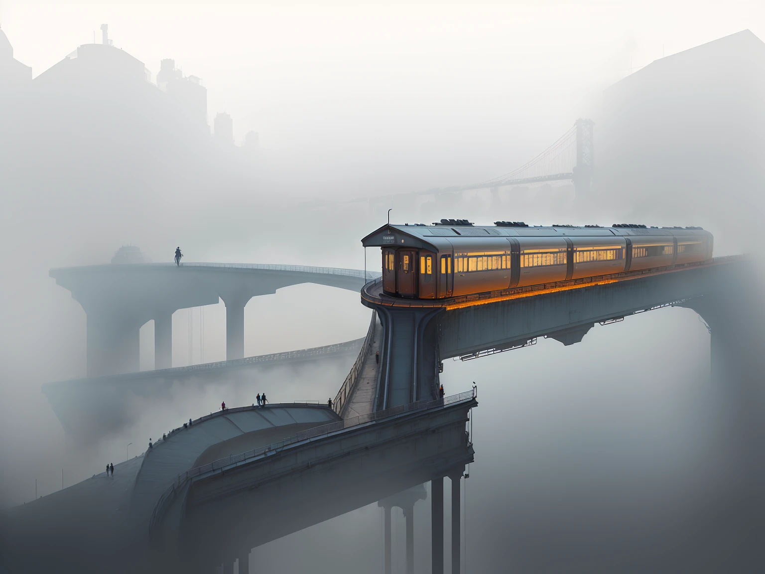 there is a man standing on a bridge looking at a train, train, stylized digital illustration, the background is misty, platform, train station background, illustration!, inspired by Stanislav Zhukovsky, trains in the background, alex andreev, fog mads berg, desolate. digital illustration, concept illustration, train far, supersonic trains and passengers, flat illustration