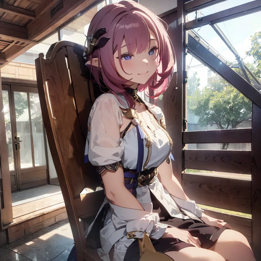 Elysia, sit on chair, holding banquet, smile, closed eyes 