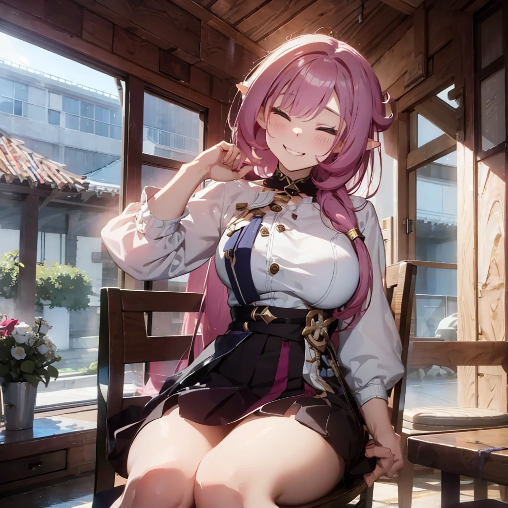 Elysia, sit on chair, holding banquet, smile, closed eyes
