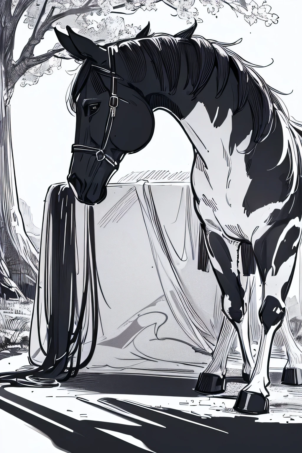coloring image, fairy tail, horse, stunning beautiful nature all around, crisp and sharp lines, black and white, white background, Hd, 4K, no humans, ((sketch)), children coloring book, coloring image for children, easy