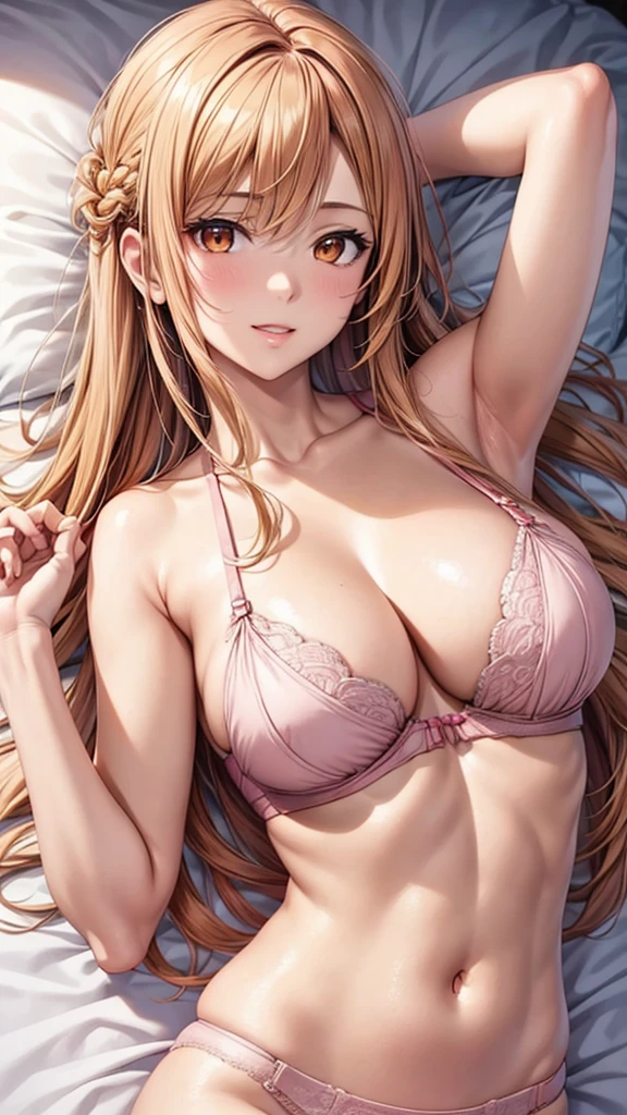 (masterpiece:1.3), (8k, best quality, ultra detailed, ultra high res:1.2), ((anime style)), nsfw, perfect 5 fingers, perfect anatomy,
1girl,
BREAK long hair, ponytail, yellow hair, 
purple eyes, small hair scrunchie, 
[medium breasts], 
BREAK pink lingerie, lace-trimmed bra, (garter belt:1.3), thighhighs, cleavage, side-tie panties, (special occasion thong panties:1.3), armpits, from below, (blush:1.1), 
BREAK looking at viewer, cowboy shot, front light, indoor, (lie on the bed:1.1),