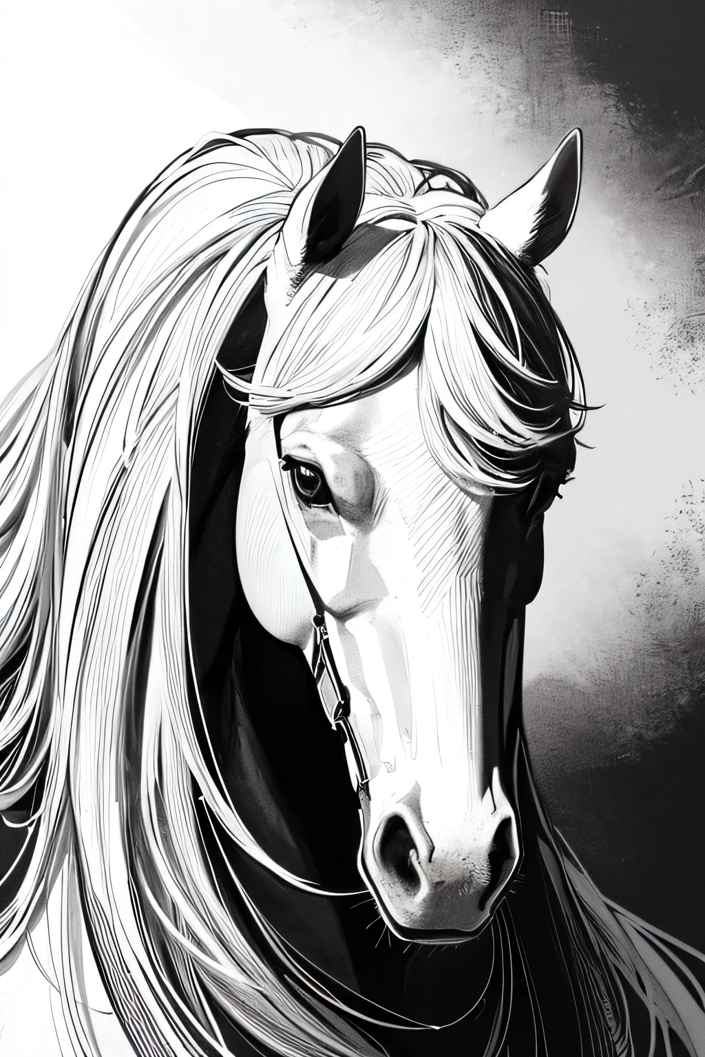 coloring image, fairy tail, horse, stunning beautiful nature all around, crisp and sharp lines, black and white, white background, Hd, 4K, no humans, ((sketch)), children coloring book, coloring image for children, easy