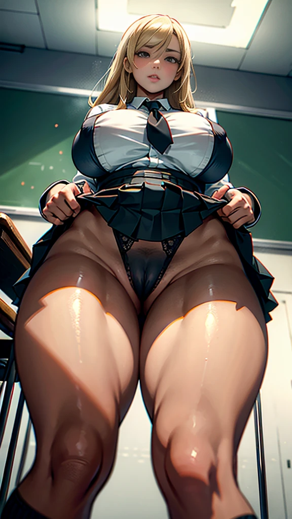 1 Girl，high school girl，RAW Photos，High-cut underwear，Low Angle（Angle where you can see inside the skirt:1.3，pubic hair），cameltoe，from below:1.3，pointybreasts，Highest quality, Ultra-high resolution:1.3， loose socks，Brown Skin（very fine and beautiful skin）,blonde, Black gal, Highest quality:1.3,(masterpiece), (Very detailed8K:1.1),Very detailed,Cinema Lighting, Detailed light, Best Shadow, Dynamic Angle,Flashy Panties，Elaborate panties（High leg pants:1.1）,Super big breasts:1.6, Plump thighs, mini skirt（Pleated skirt），Indentation:1.1，，In the classroom