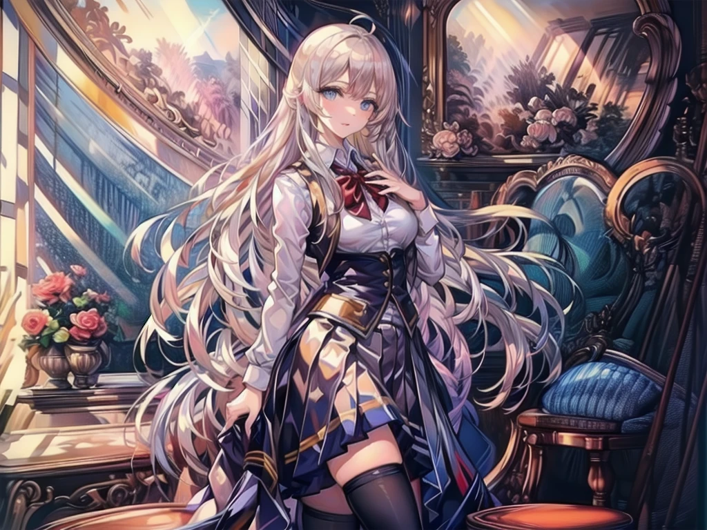 (masterpiece:1.3, Highest quality, Ultra-high resolution, Super detailed), (Realistic, photoRealistic:1.4), Beautiful illustrations, Perfect lighting, Natural light, Depth of written boundary, , Beautiful detailed hair, Beautifully detailed face, Beautiful attention to detail, Beautiful clavicle, Beautiful body, Beautiful breasts, Beautiful thighs, Beautiful feet, Beautiful Hands, View your viewers, (Face Focus), 1 Girl, high school girl, Alisa Kujou, (Perfect Anatomy, Anatomically correct), Cute and symmetrical face, Baby Face, Perfect Face, Perfect Eyes, Shiny skin, (Long Hair, Straight hair, Sideburns, Silver Hair), Crossed bangs, Ahoge, blue eyes, Slanted Eyes, Long eyelashes, (Medium chest, Captivating thighs), thin, Excellent style, (school uniform, Long sleeve light brown blazer, Grey vest, Grey pleated skirt with white lines, White collared shirt, White thigh-high socks with gold lines), Red bow tie, (Beautiful views), evening, (School classroom:1.2), (Cute smile, Part your lips),