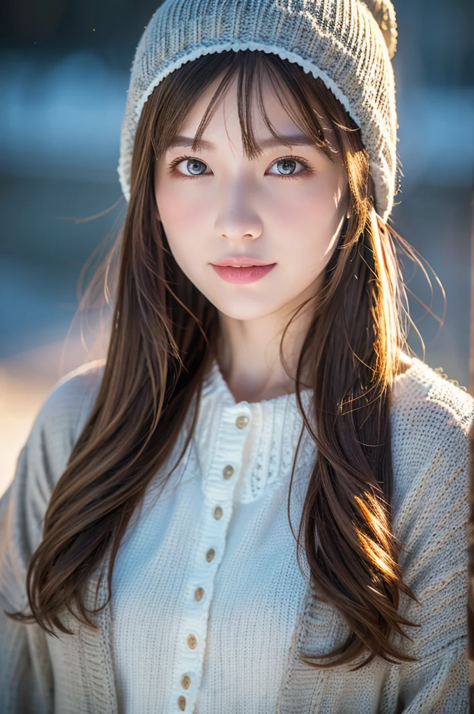 Highest quality, masterpiece, High resolution, 1 Girl,Tyndall effect,Realistic,,(High definition skin:1.2), 8K UHD, , Frank, High resolution, 4K, 8K,Knitted hat,Full body photo.Real