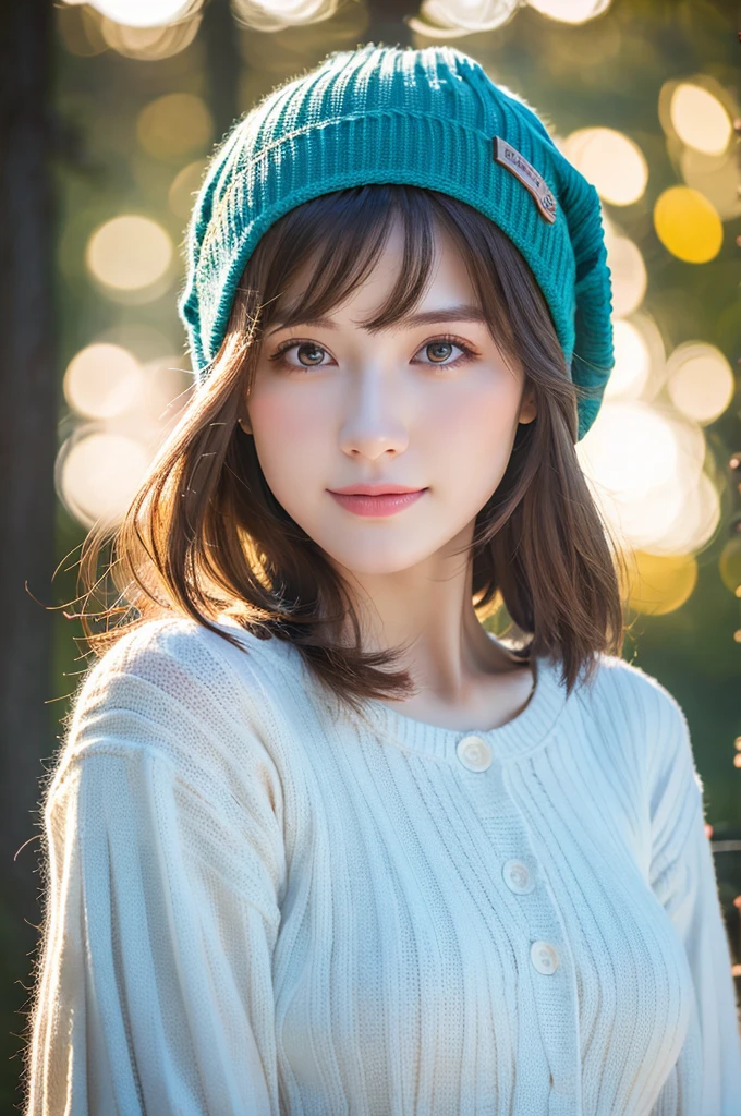 Highest quality, masterpiece, High resolution, 1 Girl,Tyndall effect,Realistic,,(High definition skin:1.2), 8K UHD, , Frank, High resolution, 4K, 8K,Knitted hat,Full body photo.Real