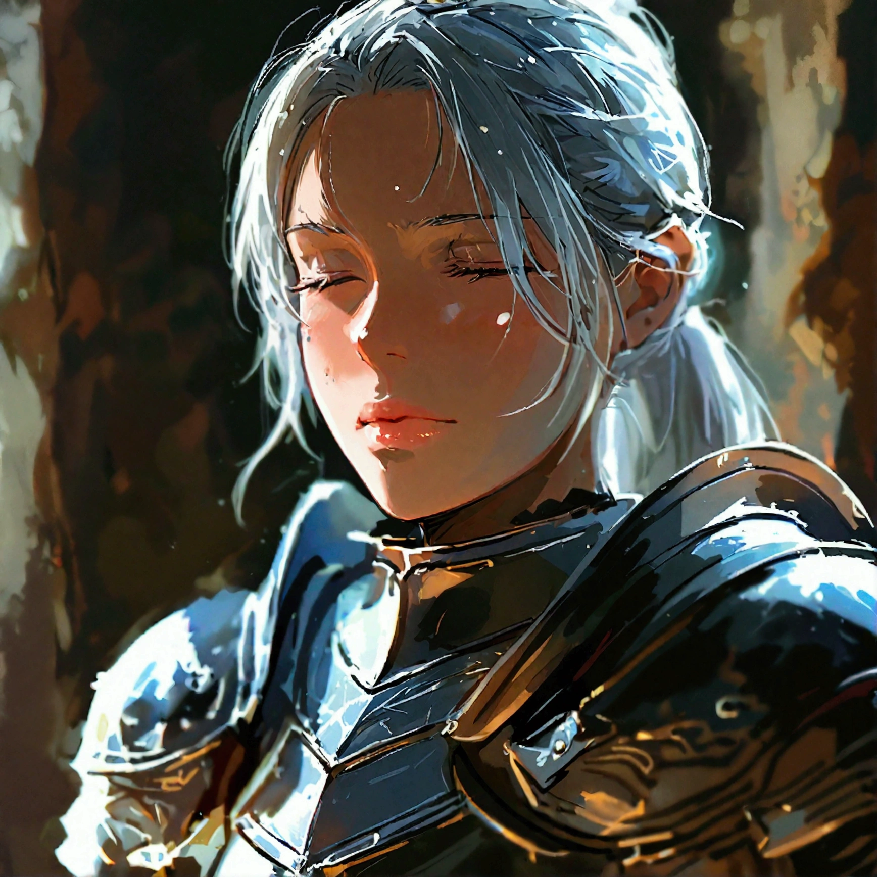 Beautiful girl knight in armor, Gray Hair, fantastic, Face your body forward like a certificate photo, shoot from front, Ponytail, Armor Girl, beautiful female knight, Female Paladin, upper body shot, drawing both arms, closed eyes