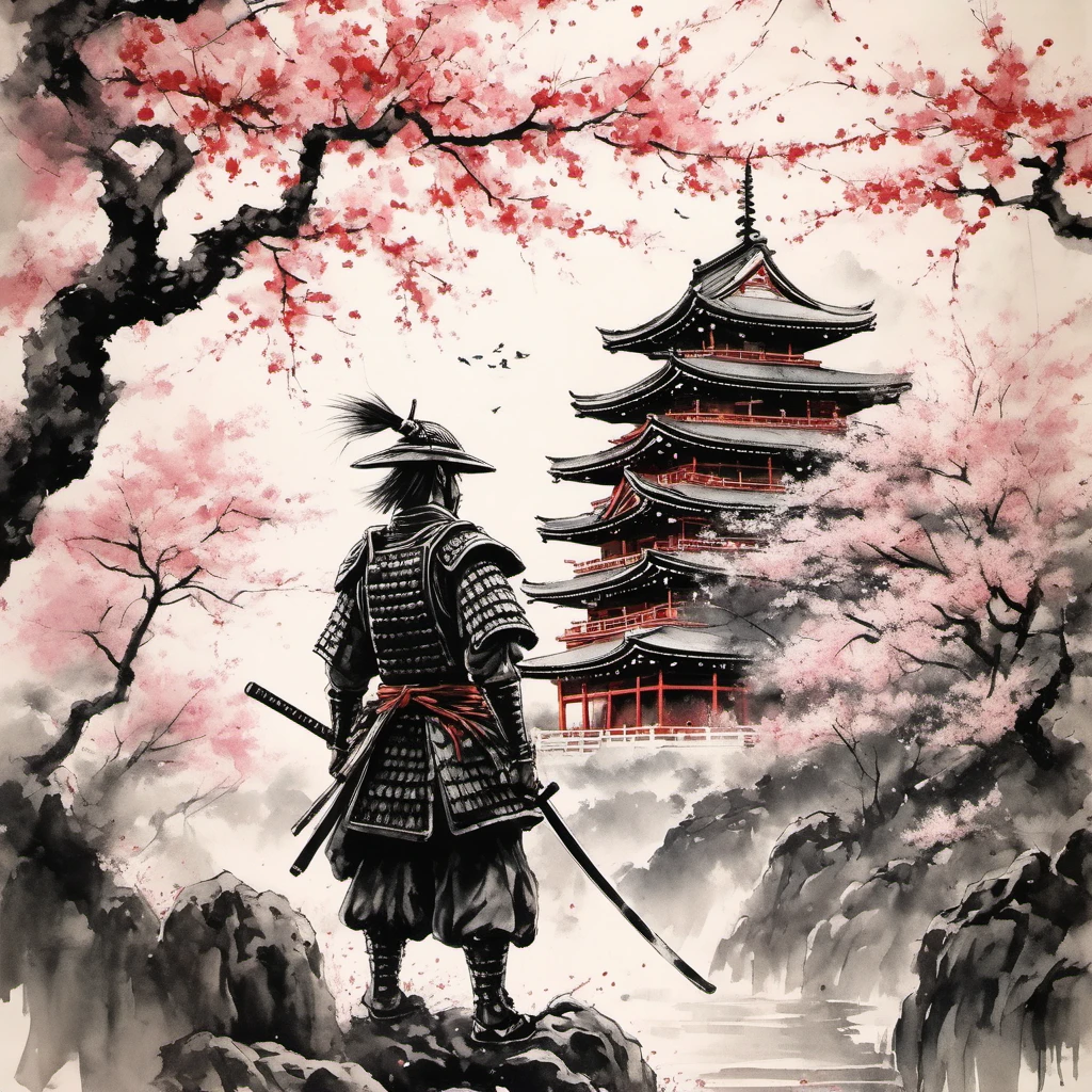 (best quality,highres:1.2),ultra-detailed,traditional Japanese samurai armor,warrior,stoic expression,serious,skilled swordsmanship,classic katana,samurai code of honor,sacred devotion,falling cherry blossom petals,ancient cherry blossom tree,authentic Japanese landscape,peaceful temple in the distance,subtle light and shadow,sublime artistry,brushstrokes,deep black ink wash,Manga-inspired,traditional woodblock print style,vibrant colors,delicate linework,faint scent of incense,serene atmosphere