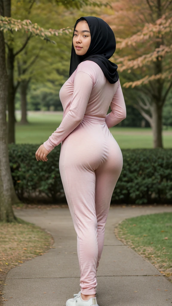 ((best quality)), ((masterpiece)), ((realistic)), woman, -yeld, Jnese girl, wearing black Hijab , short girl, mesmerizing blue eyes, extremely detailed, natural skin tone, saggy breast, skin with pores, big ass, enormous hips, tight thighs, wearing pink long sleeves plicated suit maxi dress, fitted maxi dress, portrait, full body shot, fit body, wearing pink shoes, back view, side shot, walking in park, shallow depth of field, body fully covered with clothes except face and hands