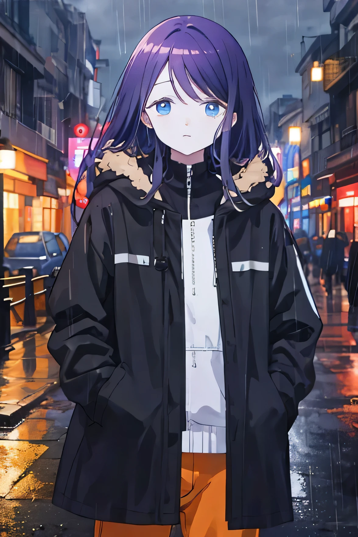 masterpiece, Highest quality,, City of night, rain, coat, Detailed face, Fine grain, Beautiful Eyes, View your viewers, Put your hands in your pockets