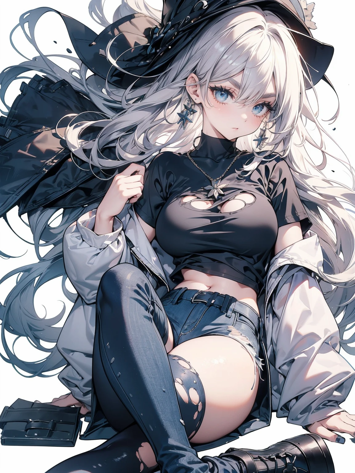 Sense of presence, look up, Focus on shoes, (White Hair Girl), (Thick, dark blue eyebrows:1.4), (Dark blue eyebrows:1.7), (Thick eyebrows:1.3), (Huge black fluffy animal ears:1.1), (Black animal ears:1.1), BREAK, (((Mesh Stitching Crop T-Shirt, Cutout Long Sleeve Top))),BREAK, (Big Breasts:1.2, Thick legs, Adult female body, Sturdy body:1.2),  (sharp eyes, Ultra-high definition CG, Precisely designed costumes, 4K, 8K, Ultra-high definition CG, Precisely designed costumes, Clear lines, Expressive and Captivating Eyes, Fine Details and Realistic Textures, cinematic lighting), ((white background)), BREAK, (Wearing black leggings with holes), Skinny sleeves, (Torn and holey leggings:1.2)(Black leggings:1.4), (過剰なRuggedThick soleブーツを履いています:1.2), (Thick sole:1.5), (Big shoes:1.3), brwak,((Distressed denim:1.3))　
