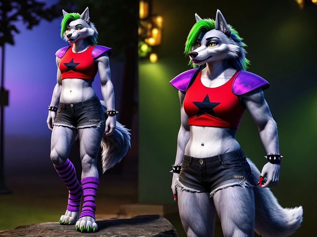 Roxanne is an animatronic wolf with a punk rock aesthetic. She presents as a gray-furred wolf with bright yellow eyes. She has black streaks of makeup on her cheeks and wears purple lipstick. The claws on her feet are painted purple, and the claws on her hands are green. Her hair is long and silver, with a bright green streak, there is a panel-like seam under her chest, upper arms, and upper thighs. She also has light grey markings on the inside of her ears, paw pads, around her muzzle, and on her belly. Her clothes consist of a red crop top, hot pants, and shoulder pads adorned with black star-like patterns. Additional accessories include black and purple earrings, two spiked bracelets, a spiked belt, and purple arm and leg warmers with black tiger stripes, anthro wolf, female, adult, grey fur, buffed body, sexy, beefy body, furred body, beautiful, furry chest hair, realistic, full body, photorealistic, ultra realistic, 8k, night, bare-chested,