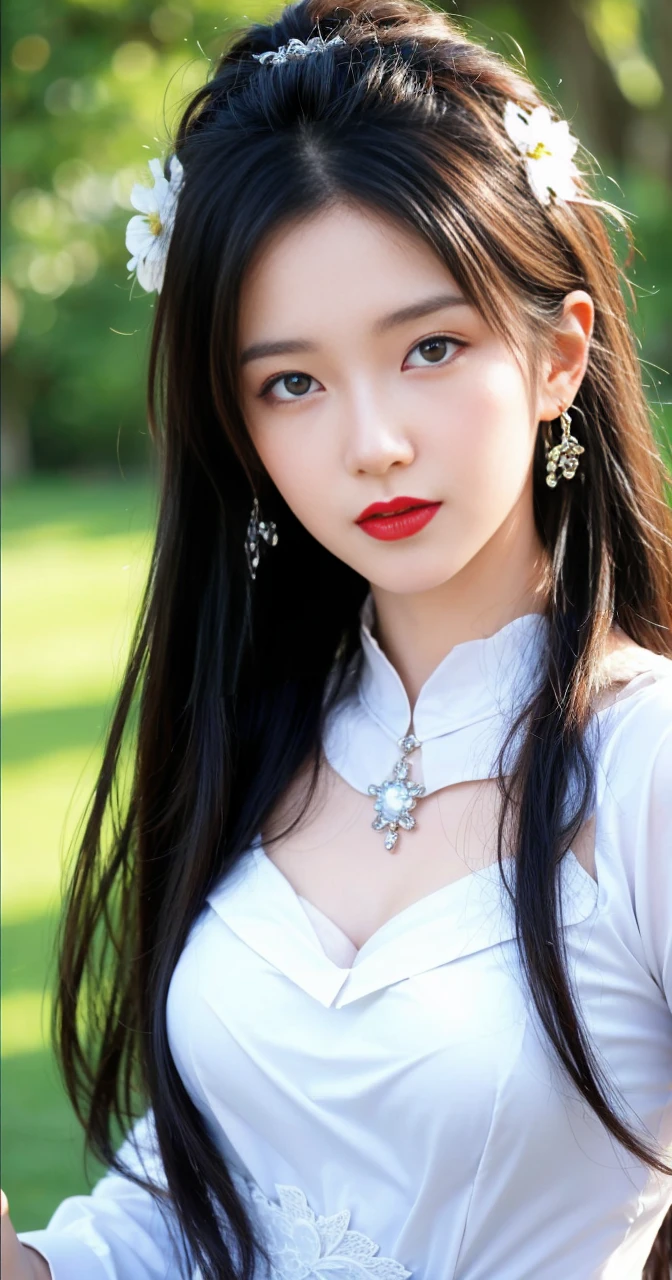 best quality, tmasterpiece,Ultra-high resolution,Clear face,(Reality:1.4),ferpect lighting,(upper body shot), (photorealistic:1.50), anime wallpaper, Guviz style artwork, cover-up fantasy up to magic , by Yang J, Guviz, beautiful artwork illustration, beautiful digital artwork, beautiful digital illustration, Li Song, beautiful anime portrait, art style in Beauvot, Lips wear thick red lipstick