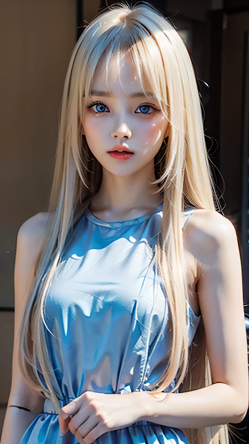 Very white and bright skin、A beautiful girl、Sexy 18 years old cute sexy little beautiful face、Shiny hair dancing in front of a pretty face、Long, silky bangs that cover the eyes、Hair that hides the face、Too long hair、Sexy cute young woman、Super long platinum blonde shiny bright hair、Big, bright blue eyes that shine so beautifully、Very big eyes、Super long straight hair、Small Face Beauty、Round face、Cheek gloss highlighter、
