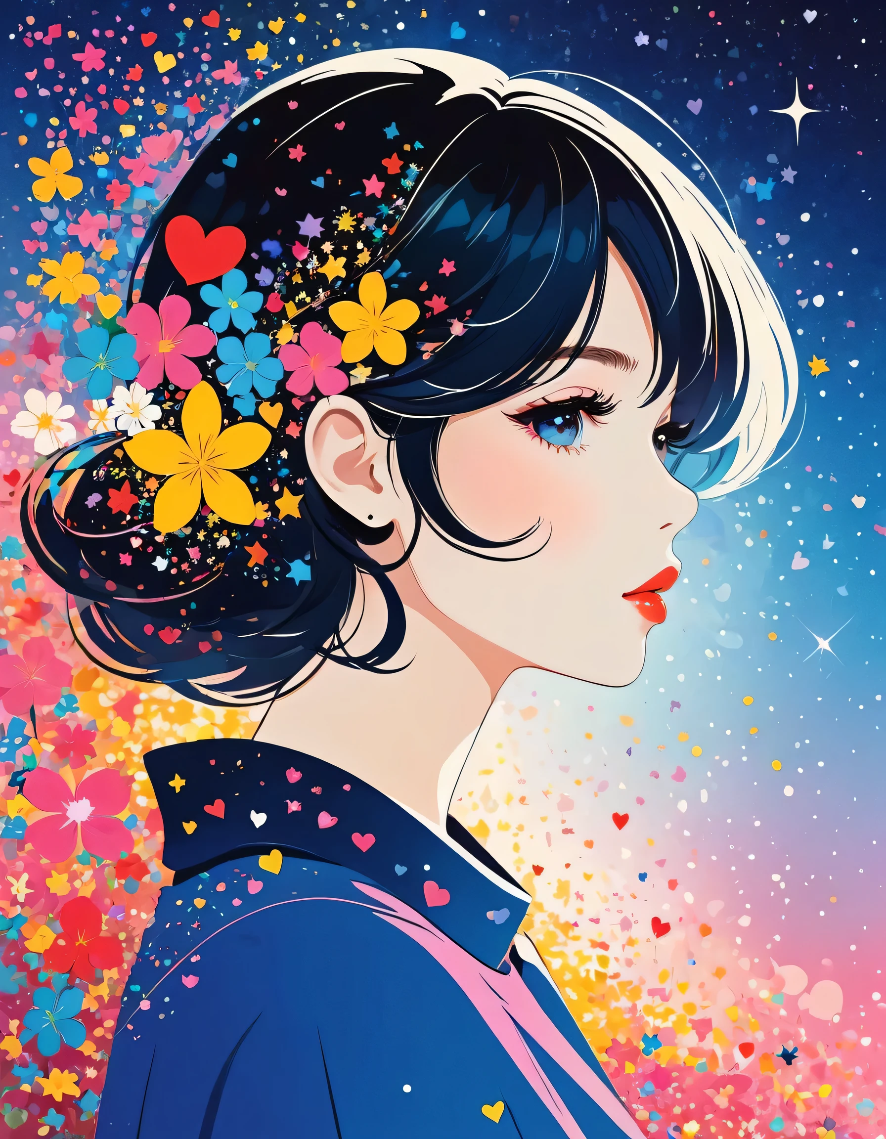 Mika Pikazo style, Simple Line Initialism，Abstract art，stylish Design, (((The most beautiful girl of all time))), The background is star dust, colorful hearts, colorful flowers, Lips in love