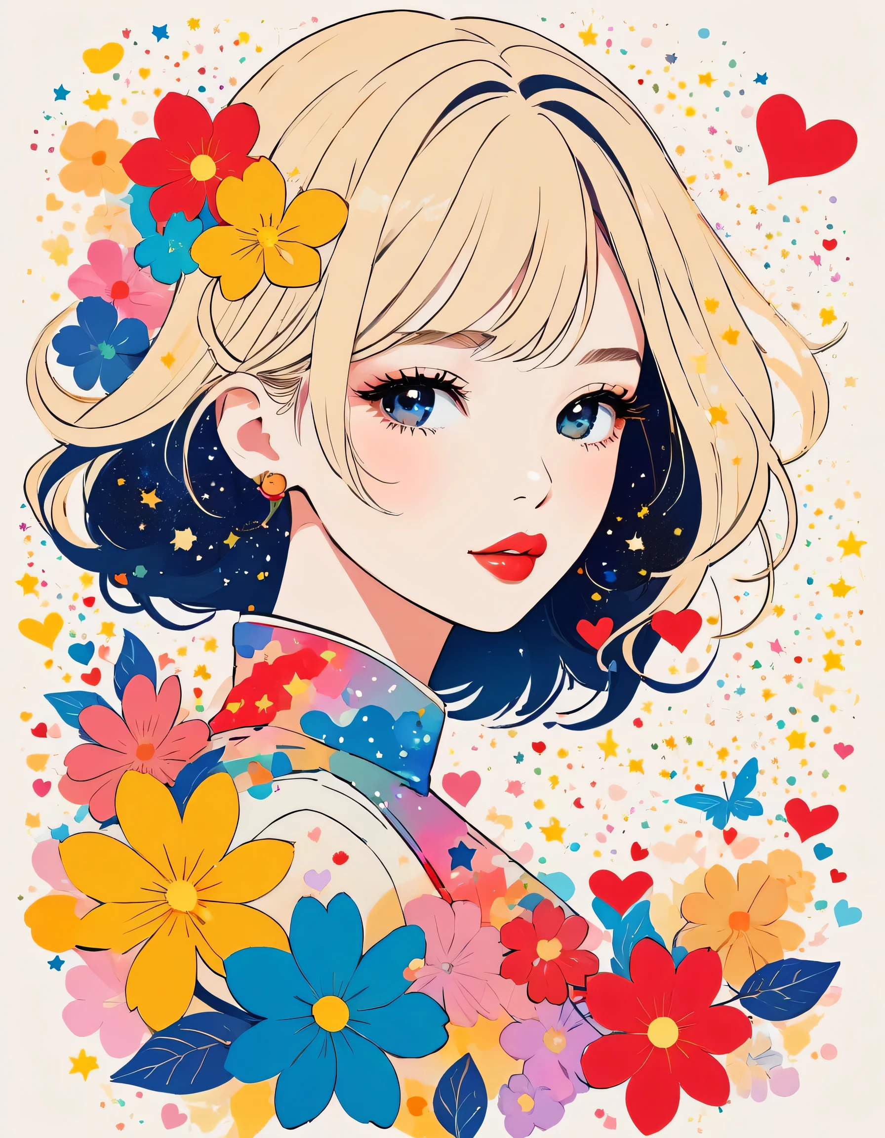 Mika Pikazo style, Simple Line Initialism，Abstract art，stylish Design, (((The most beautiful girl of all time))), The background is star dust, colorful hearts, colorful flowers, Lips in love