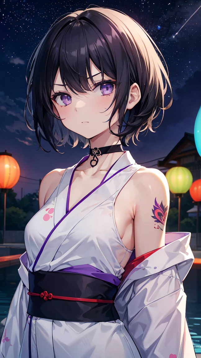 High resolution,high resolution,Girl,Black Hair,Short Hair,Purple Eyes,Slanted Eyes,Bad mood,boyish,slender,Toned body,Water balloons,,Tattoo,Summer festival,Yukata,low length,Starry Sky,choker,,