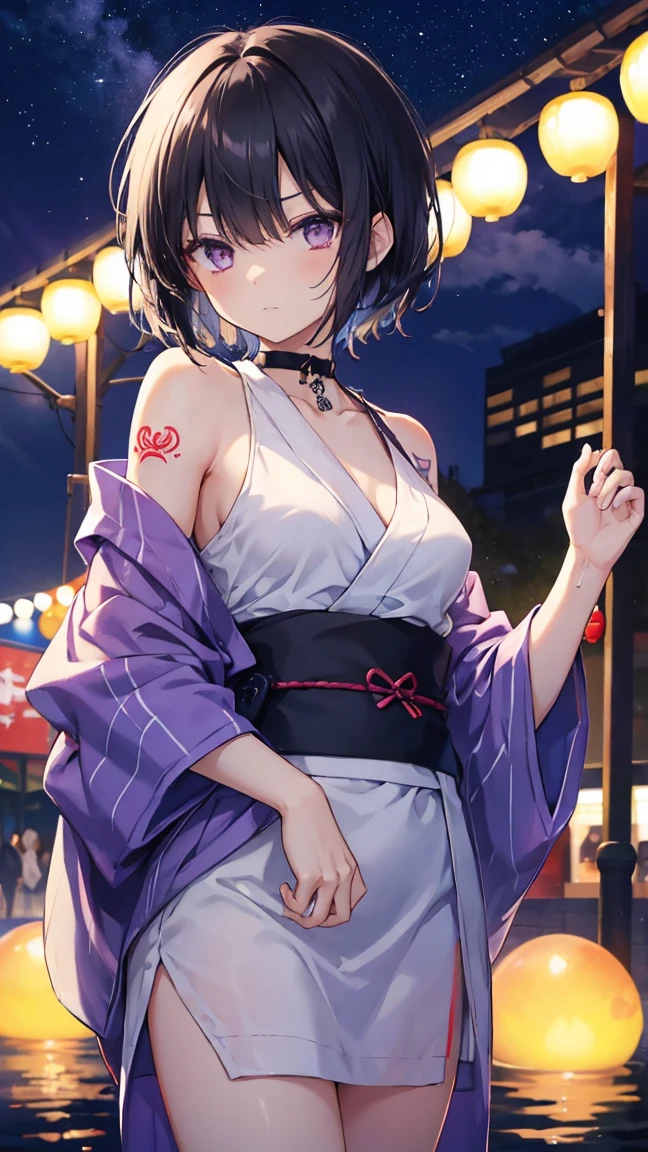 High resolution,high resolution,Girl,Black Hair,Short Hair,Purple Eyes,Slanted Eyes,Bad mood,boyish,slender,Toned body,Water balloons,,Tattoo,Summer festival,Yukata,low length,Starry Sky,choker,,