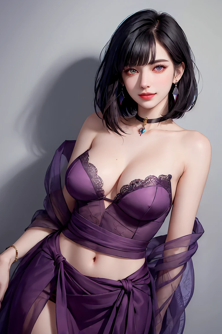 (masterpiece, best quality, (1girl:1.5), solo, intricate details, chromatic aberration), (realistic), (skin), ((breath)), (wavy black hair, bob cut, blunt bangs), detailed hair, red head ornament, blue highlights, hair over one eye, small earrings, sharp eyes, purple eyes, choker, pink dress, (symmetry eyes), (perfect symmetrical body), night, (((natural light))), backlighting, against grey wall, dim lighting ,look at viewer, ((centered shot, from front,(face, waist and hips))), (large breasts: 1.2), big hips, cleavage, smiling