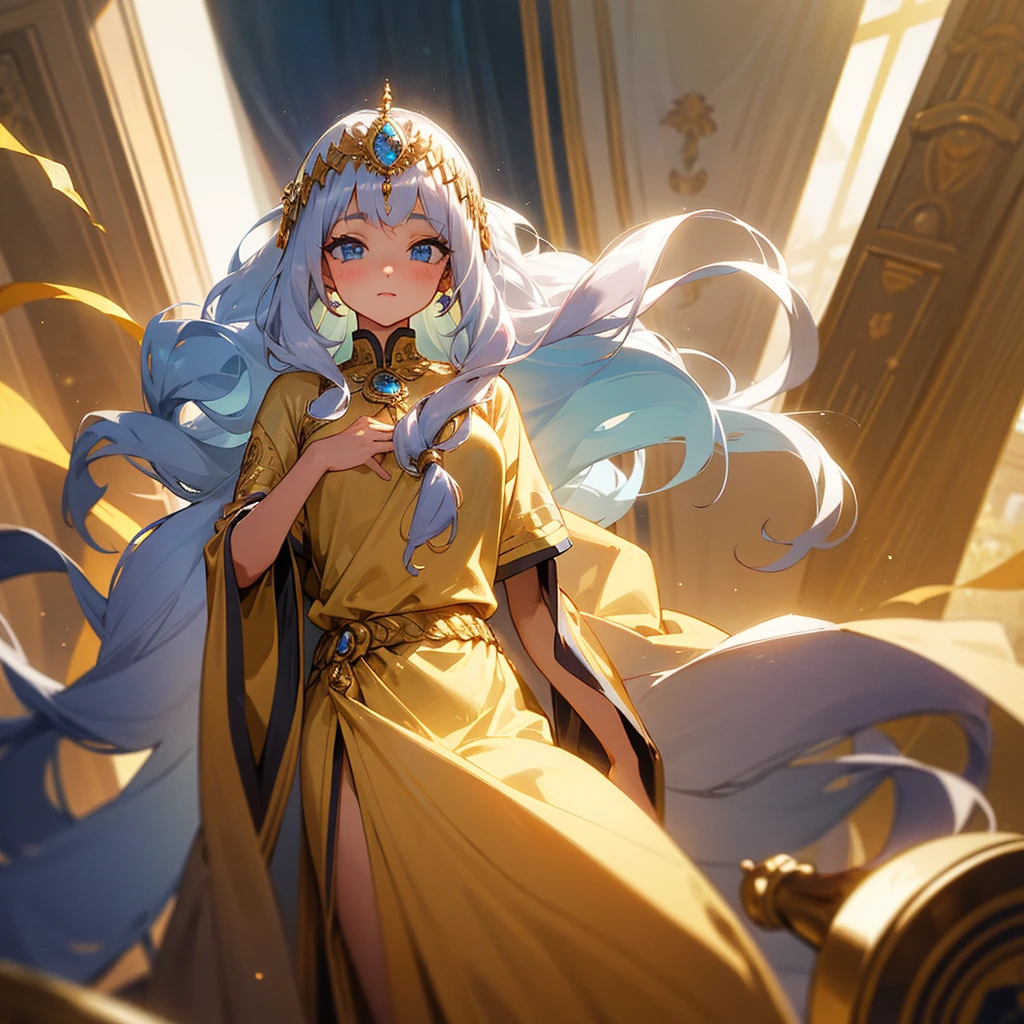 Cute girl with long silver hair blue eyes  masterpiece majestic wears golden and light seagreen cloths with a indian atire is a queen and has sof curls