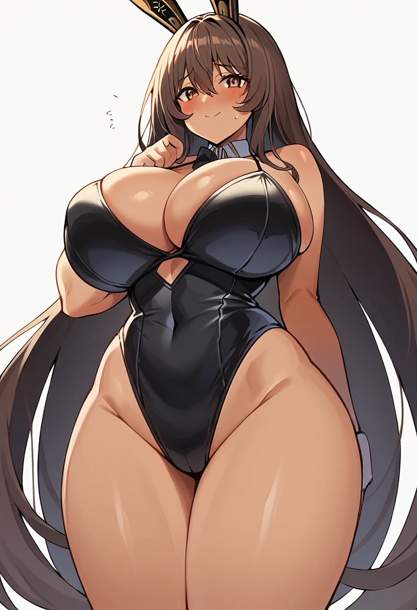 score_9, score_8_up, score_7_up, backlighting, white background,
BREAK
source_anime,
BREAK
(1girl, solo, solo focus),  noir, 
huge breasts, wide hips, narrow waist, thick thighs, very long hair, tan, blush, shy, light smile, rabbit ears, 
swimsuit, 
 